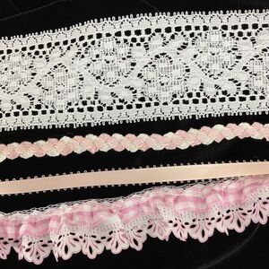 4 Vintage sewing trim white lace pink satin ruffled gingham metallic ric rack
